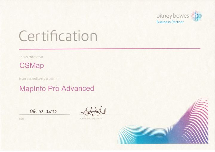 Certifikát pro produkt MapInfo Pro Advanced.