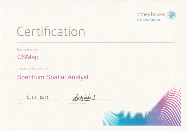 Certifikát pro produkt Spectrum Spatial Analyst.