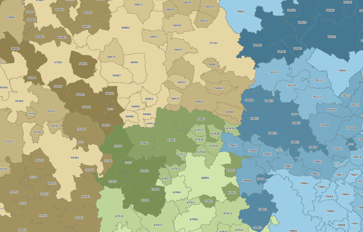 Postcode vector map - example of geographical analysis over postcode regions.