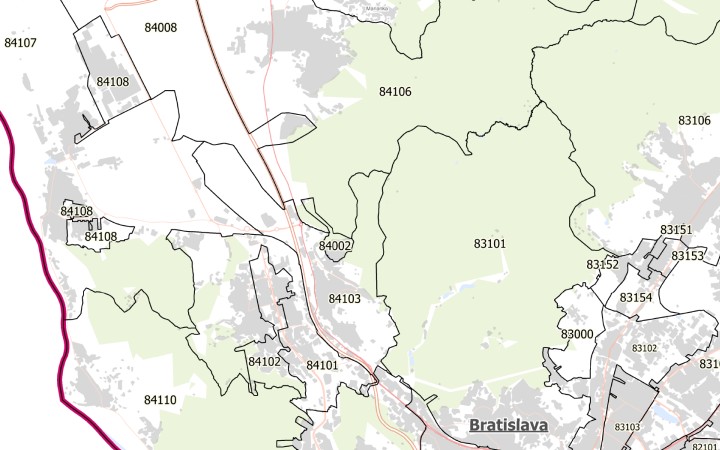 Detailed map of Bratislava and its surroundings.