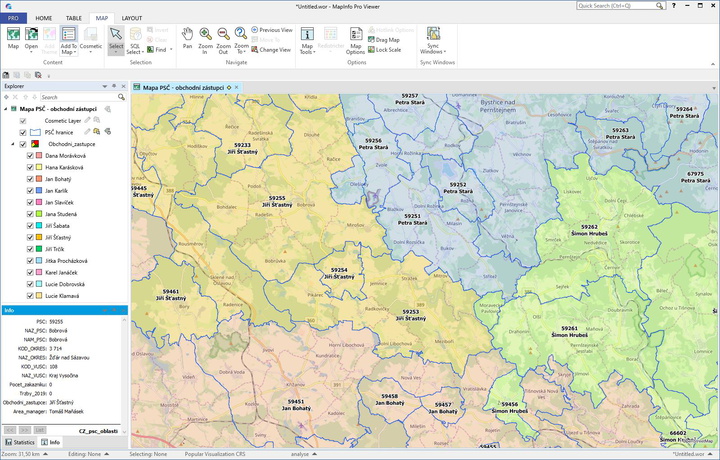 Sample of the environment: the picture shows the postcode areas colored by a sales representative in MapInfo Viewer. There is a layer control on the left and label on the map shows the zip code and the name of the sales representative.