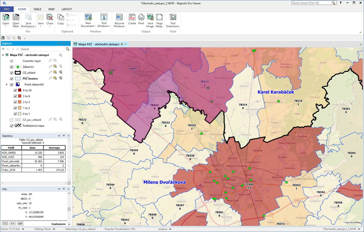 Sample of the environment: postcode areas are thematically colored and divided into categories based on the number of customers. Layer control, Info window and basic Sstatistics of selected areas is on the left. Customers are also displayed on the map with a green point.