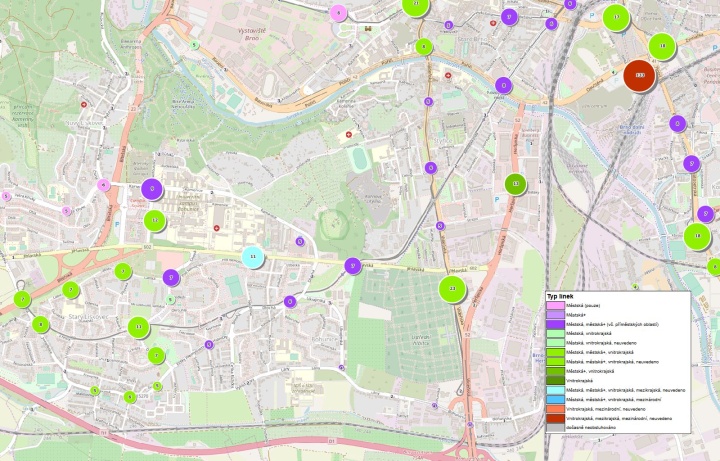 Visualization of the hubs according to the number and type of lines stopping at stops.