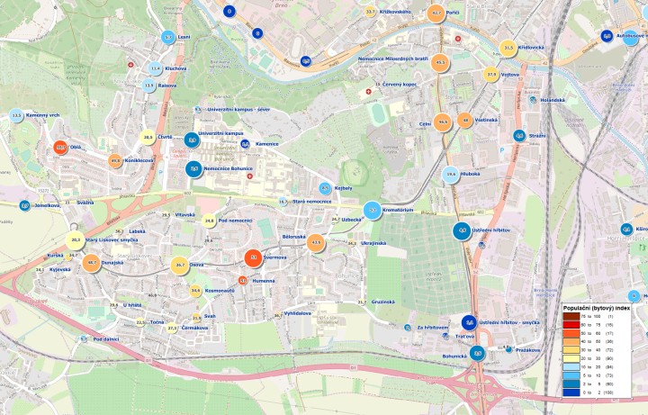 Vizualizace populačního indexu (barevná škála) a zastávkového indexu (velikost kruhu). Čím tmavší červená, tím více bytů je v blízkém okolí zastávky.